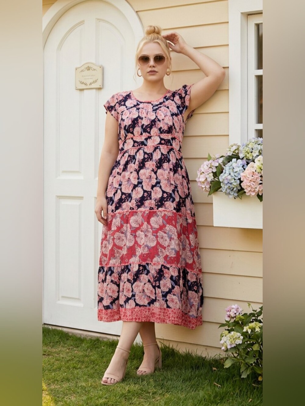 Knox Rose XL Floral Short Sleeve Midi Dress Shirred Back Waist Effortless Prarie